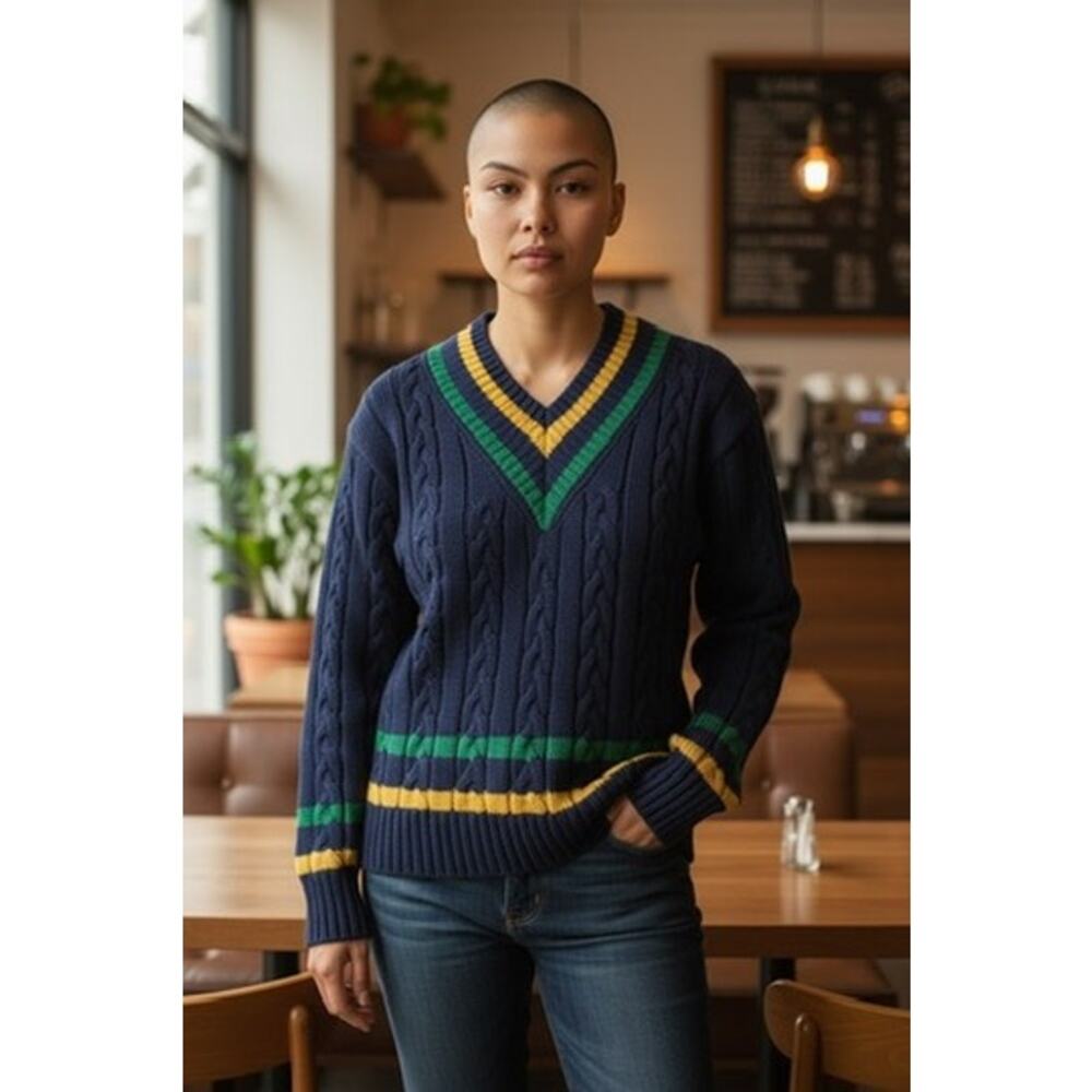 VTG!! "GAP" Heavy Cable Knit Sweater V Neck‎ SZ M Rugby Academia  Preppy Classy